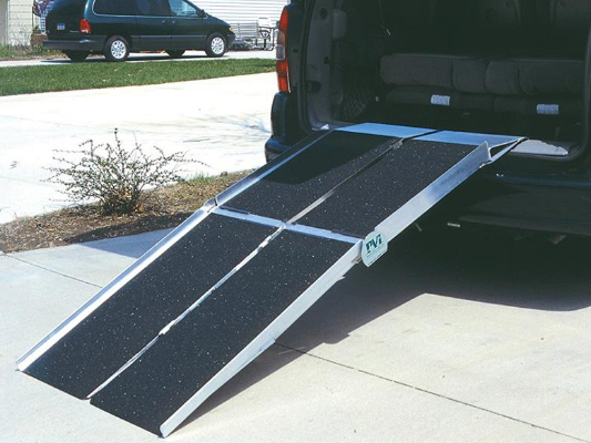 Prairie View Industries (PVI) wide folding ramp accommodates wheelchairs and scooters